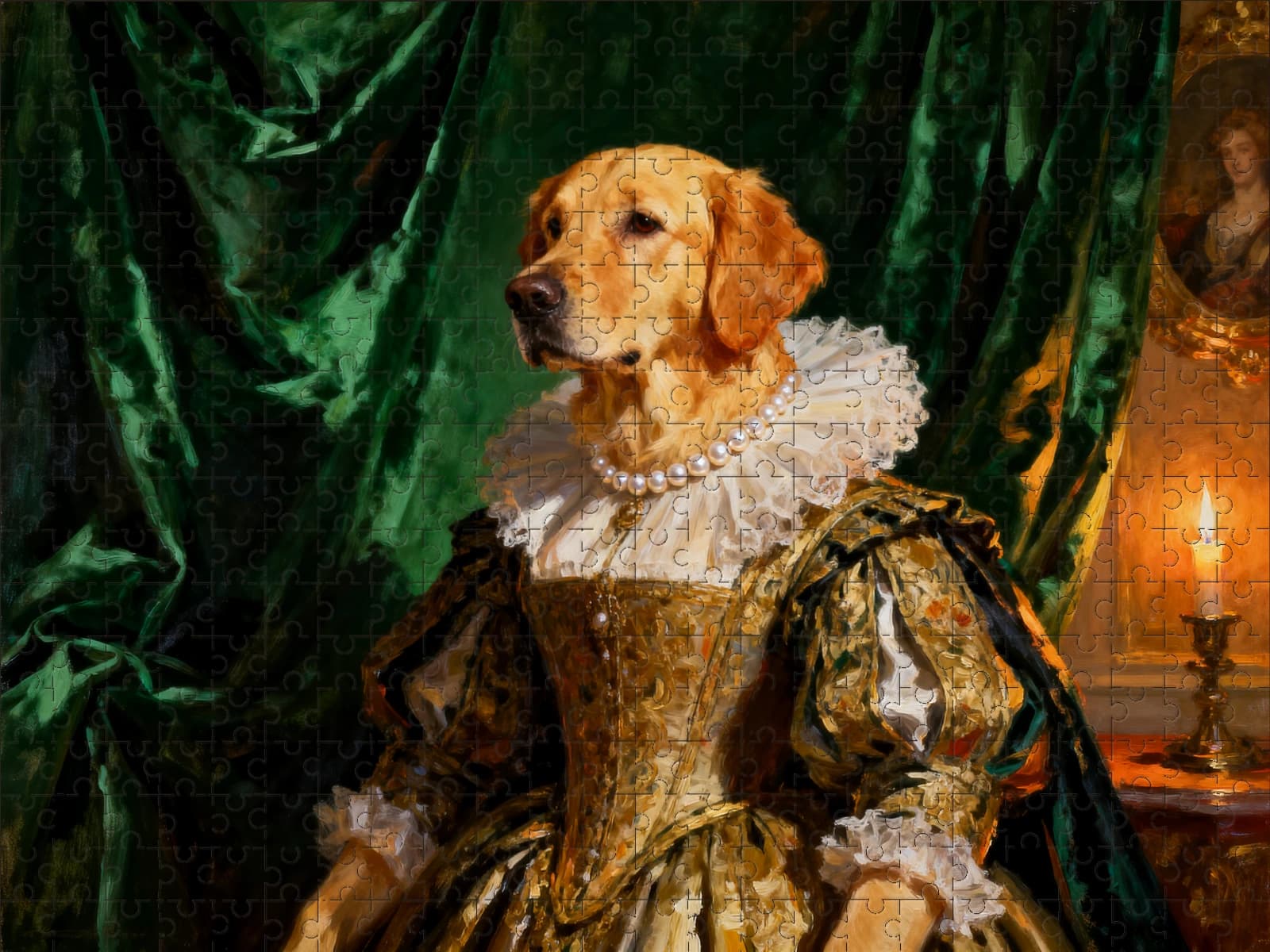 A finished puzzle of a golden retriever painted as a Renaissance duchess