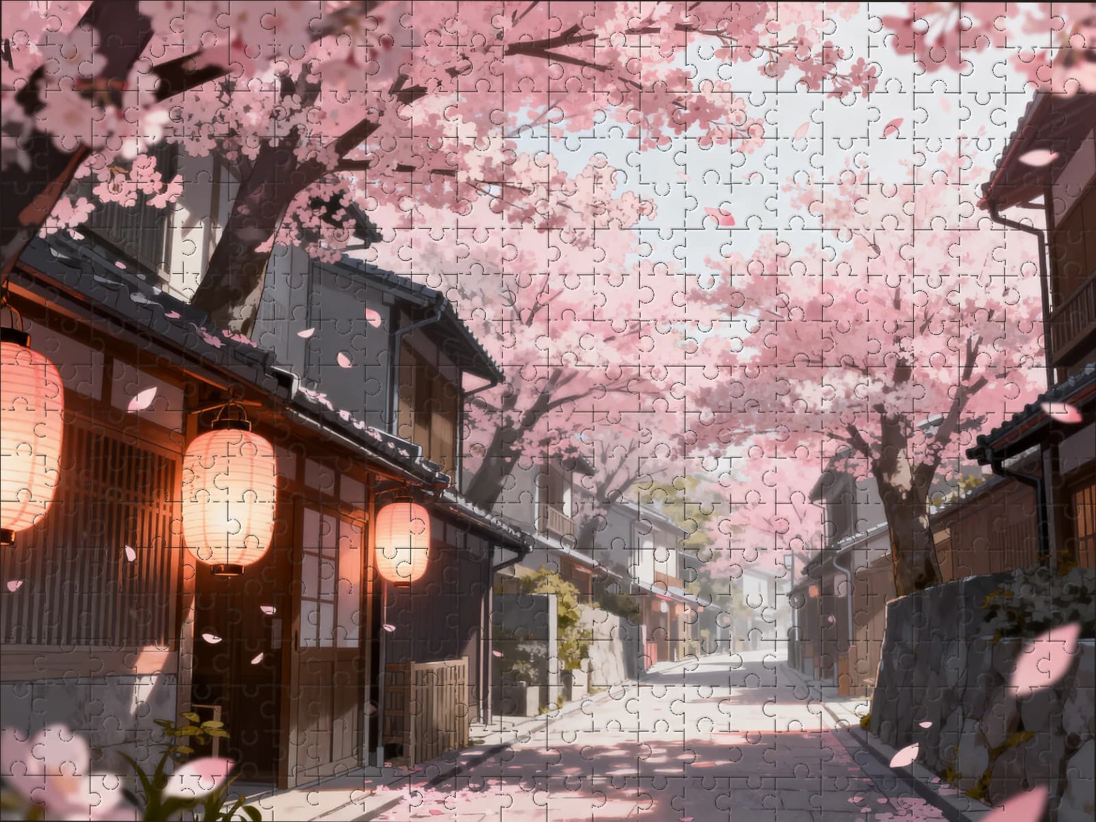 A finished puzzle of a cherry blossom street in Kyoto