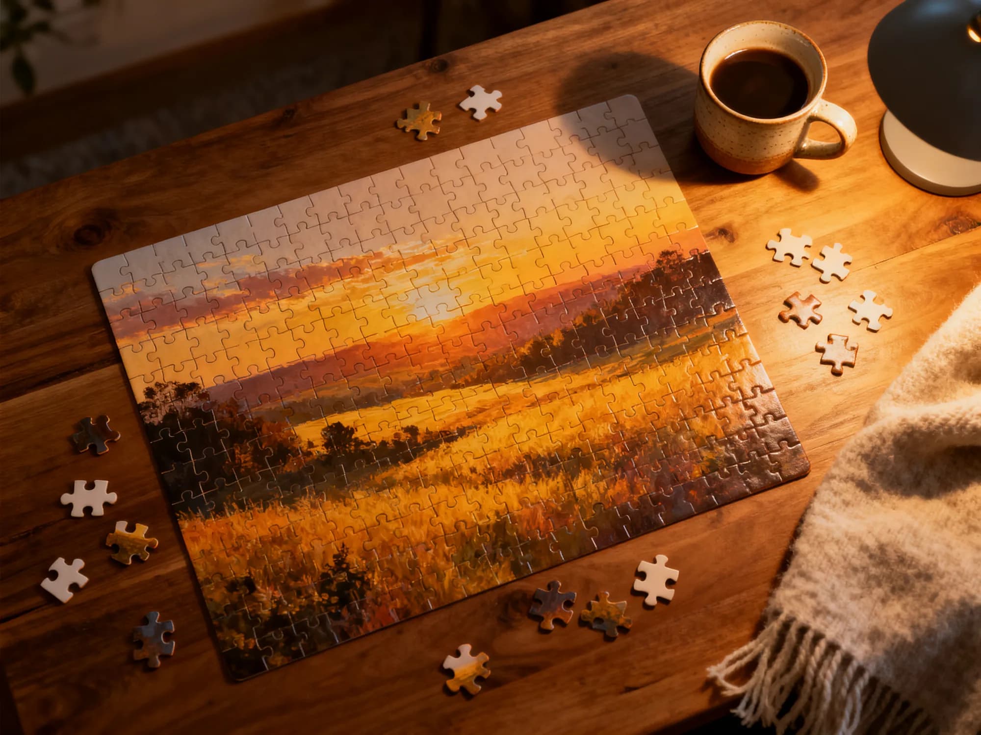 Top-down photograph of a half-assembled puzzle on a wooden table with loose pieces around it