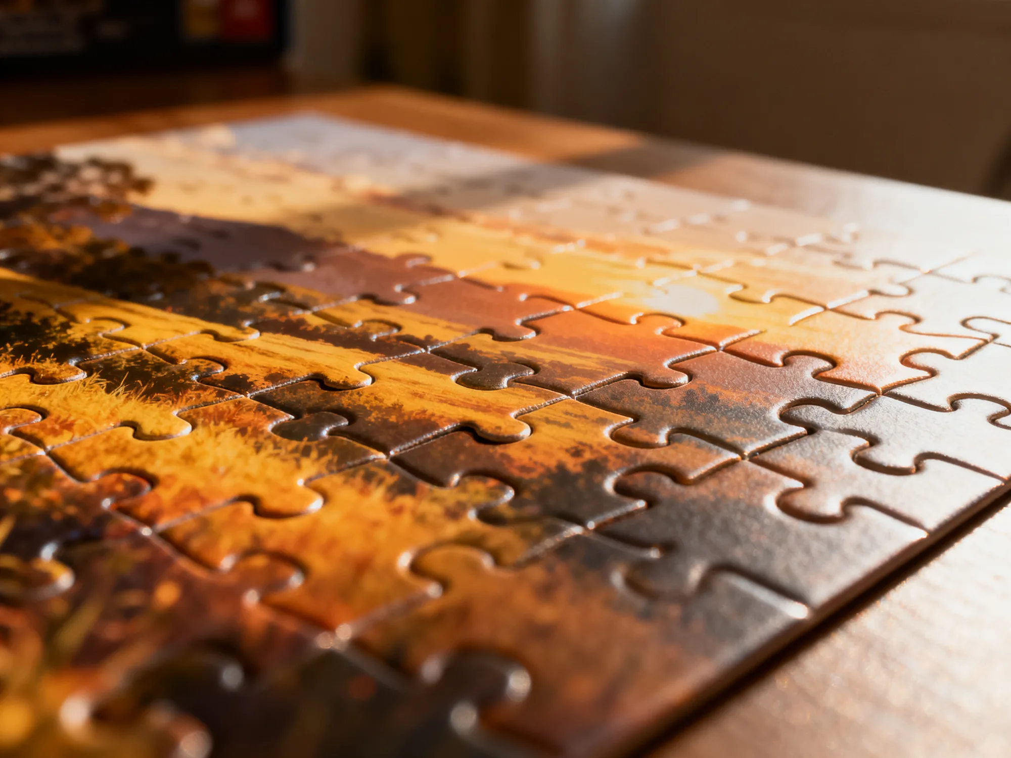 Macro photograph of an assembled puzzle surface with raking light across the die-cut seams
