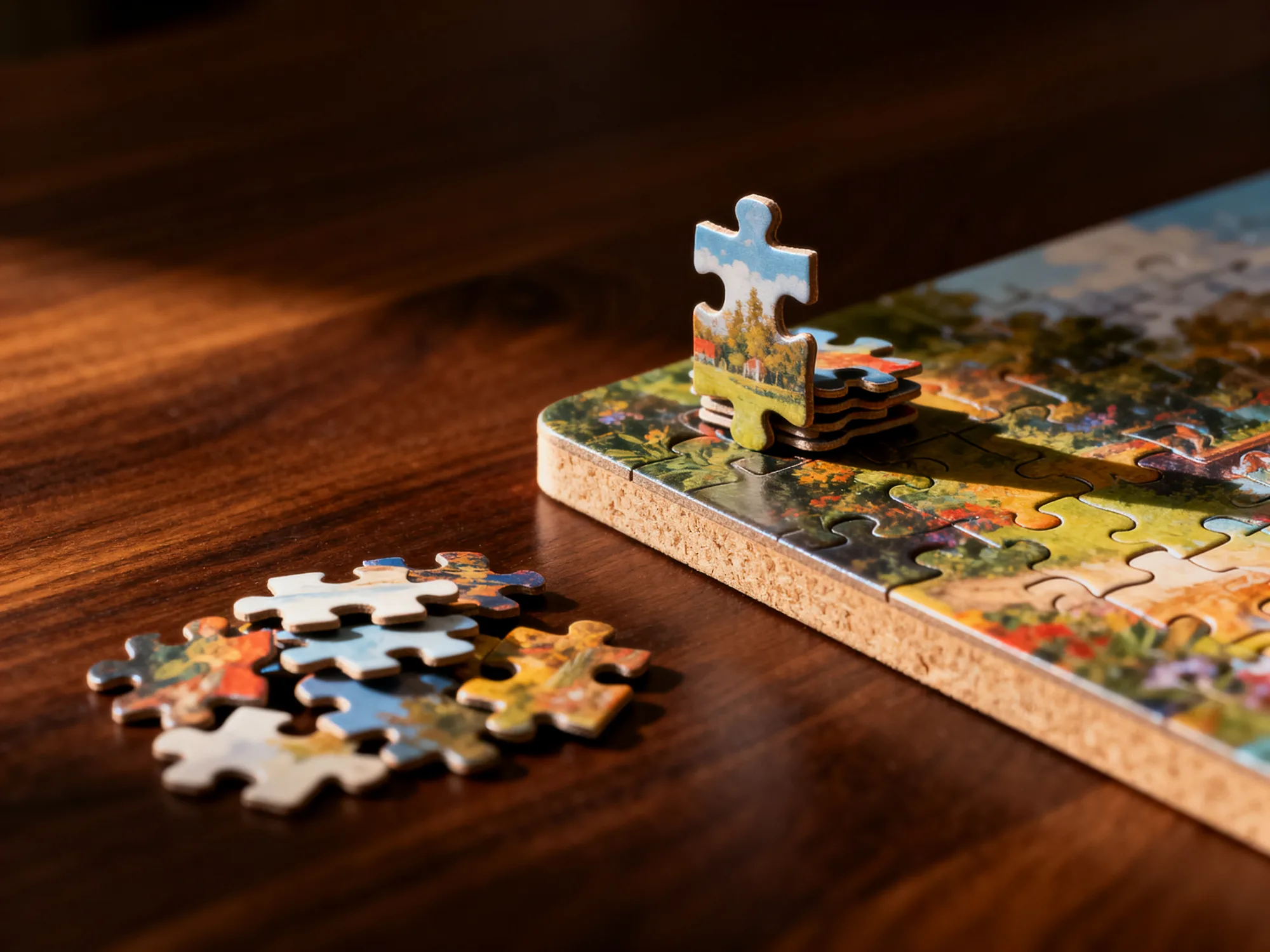 Macro photograph of loose puzzle pieces showing the thickness of the board