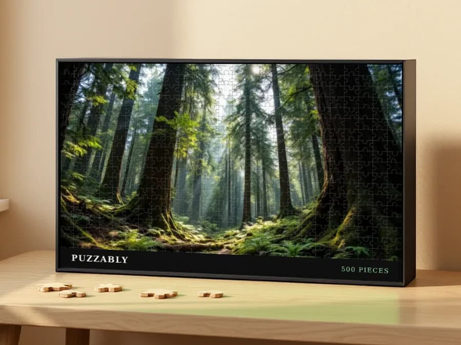 Concept mockup of Puzzably puzzle packaging with a forest design